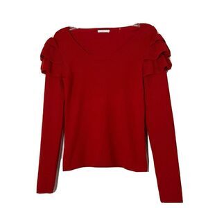 Badgley Mischka Red Wool knit ruffle sleeve detail round neck sweater size small